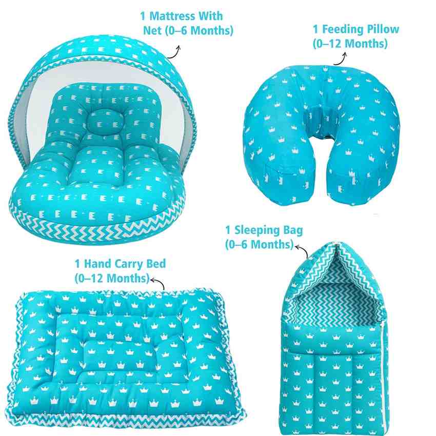 Fareto Baby Bedding Essentials Combo Set – Sleeping Bag, Mattress with  Net, Feeding Pillow & Hand Carry Bed | Soft Cotton |Crown | 0–6 Months(F697)