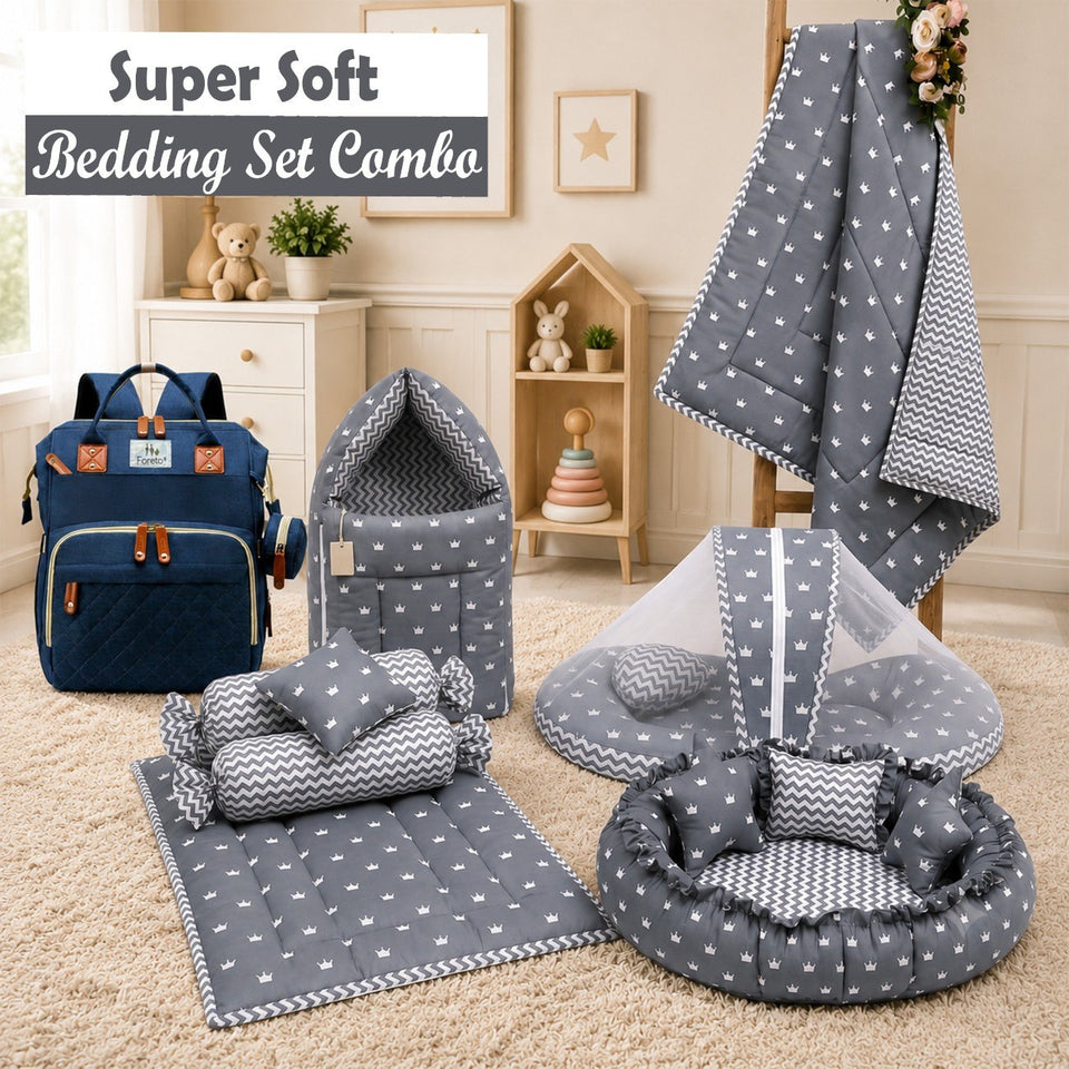 Fareto Complete Bedding Set essentials Combo For Baby (0-6 Months)(Crown Grey)(F613)
