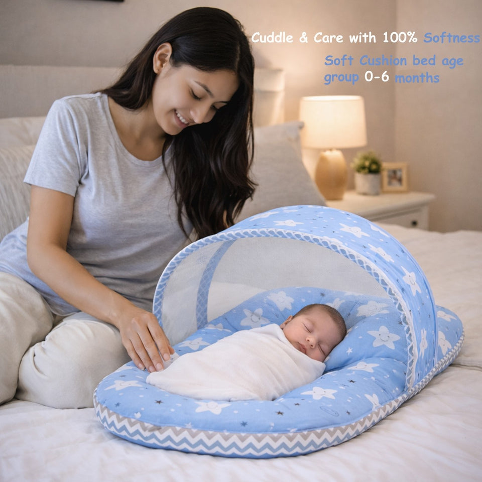 Fareto New Born Baby Premium Quality Mattress with Net | Sleeping Bag | Carry Bed  (0-4 Months)(cloud blue)(F295)
