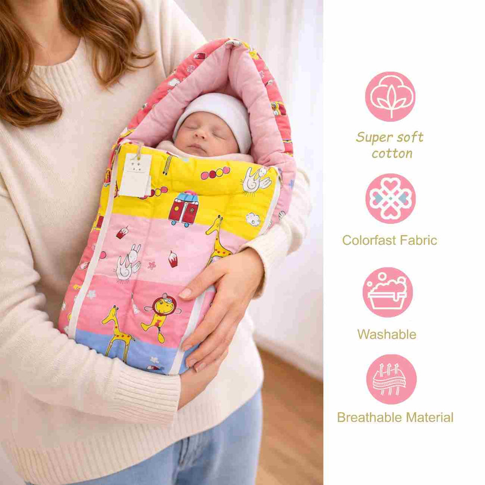 Fareto New Born Baby Premium Quality Mattress with Net & Sleeping Bag & Hand Carry bed(0- 6Months)(F504)(Giraffe)