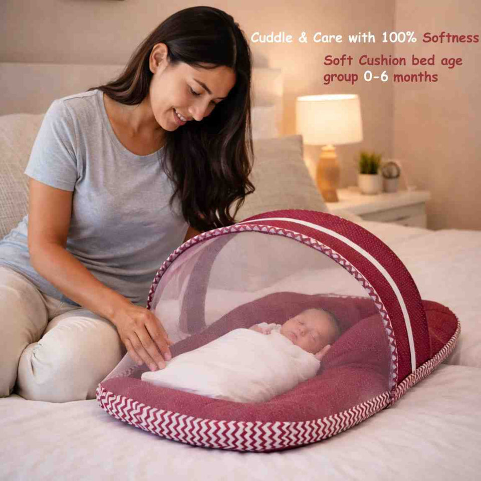 Fareto Baby Bedding Essentials Combo Set – Sleeping Bag, Mattress with  Net, Feeding Pillow & Hand Carry Bed | Soft Cotton | Red Polka | 0–6 Months(F698)