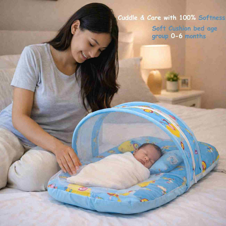Fareto New Born Baby Premium Quality Mattress with Net & Sleeping Bag & Hand Carry bed(0- 6Months)(F504)(Giraffe)