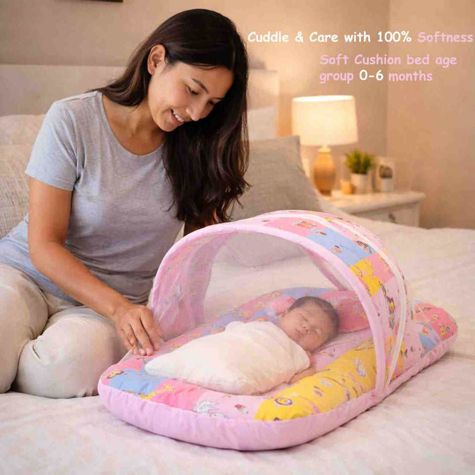 FARETO BABY BEDDING ESSENTIALS 1 NEST | 1 MATTRESS WITH NET | 1 CARRY BED | 1 BOLSTER SET | 1 CARRY BAG | 1 PORTABLE BED | 1 FEEDING PILLOW | 1 BLANKET (0-6M)(Pink Giraffe)(F628)