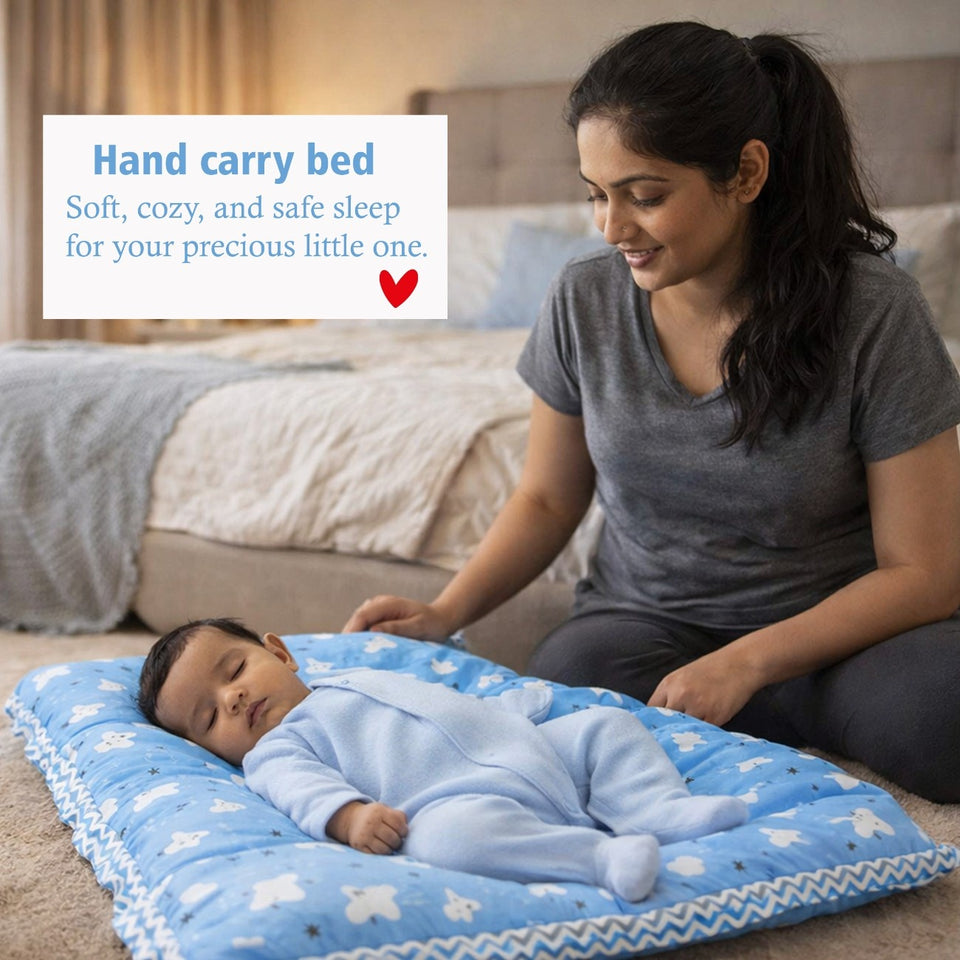Fareto New Born Baby Premium Quality Mattress with Net | Sleeping Bag | Carry Bed  (0-4 Months)(cloud blue)(F295)