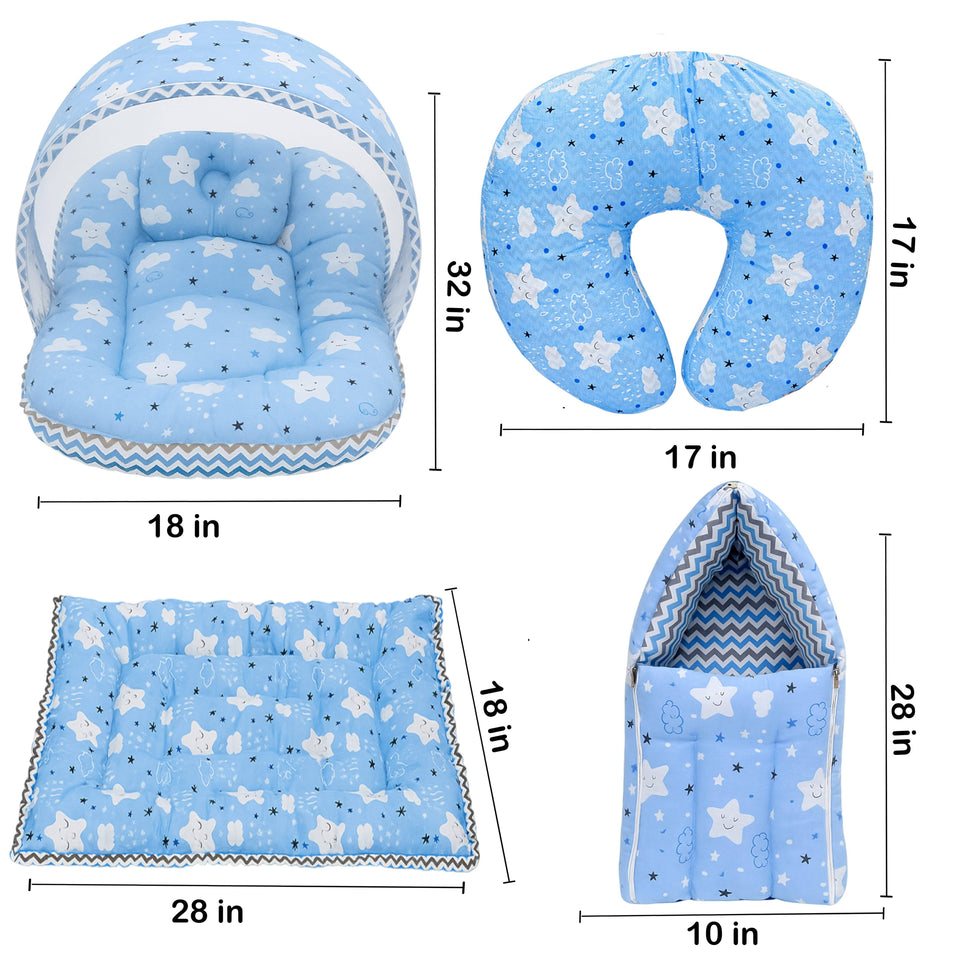 Fareto Baby Bedding Essentials Combo Set – Sleeping Bag, Mattress with  Net, Feeding Pillow & Hand Carry Bed | Soft Cotton | Cloud Blue  | 0–6 Months(F700)
