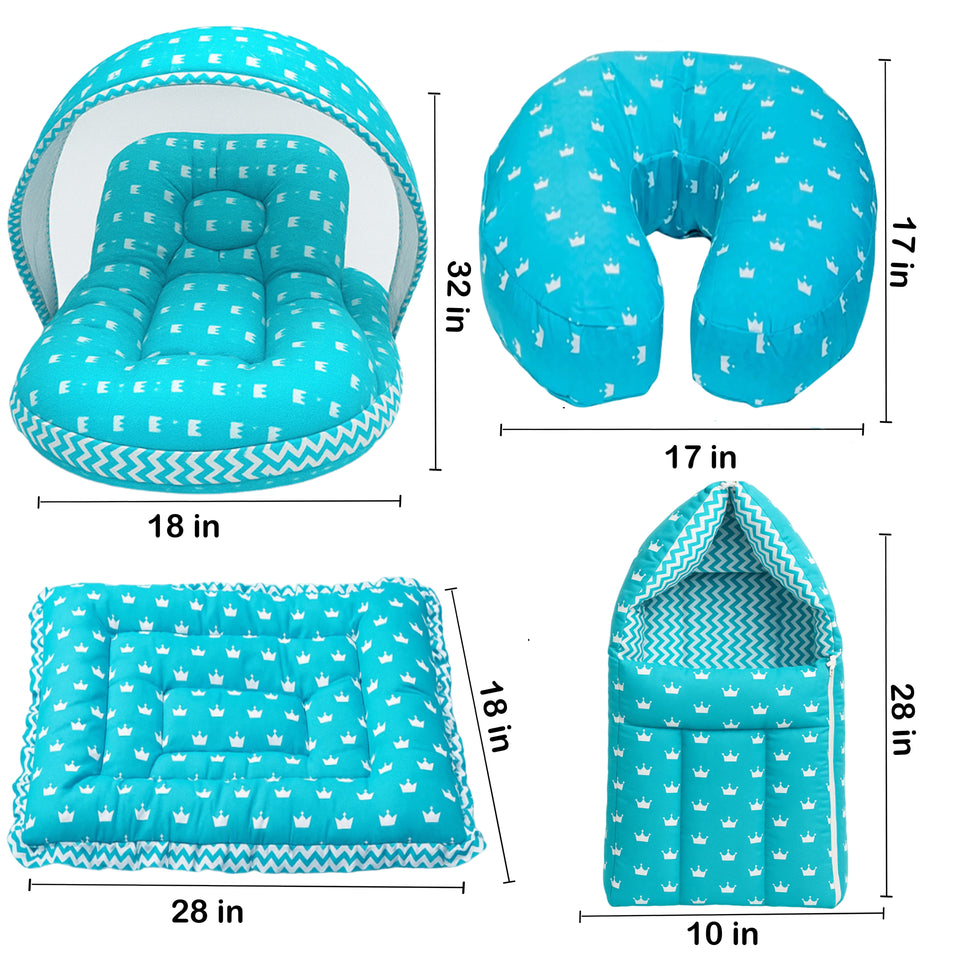 Fareto Baby Bedding Essentials Combo Set – Sleeping Bag, Mattress with  Net, Feeding Pillow & Hand Carry Bed | Soft Cotton |Crown | 0–6 Months(F697)