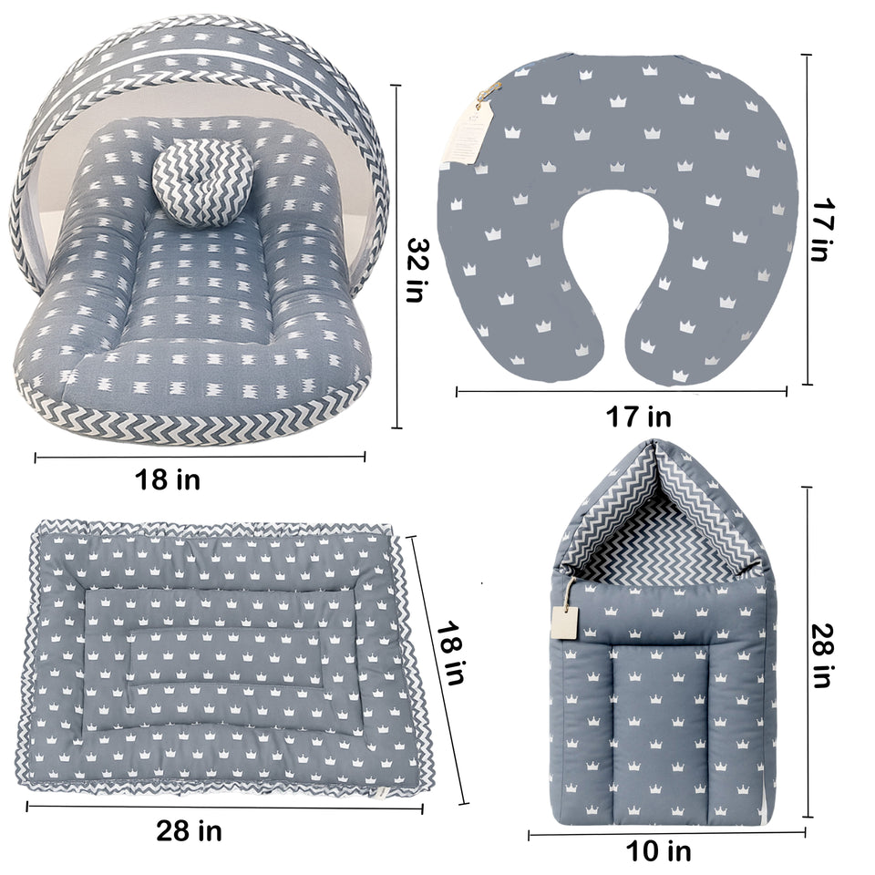 Fareto Baby Bedding Essentials Combo Set – Sleeping Bag, Mattress with  Net, Feeding Pillow & Hand Carry Bed | Soft Cotton |Crown | 0–6 Months(F697)