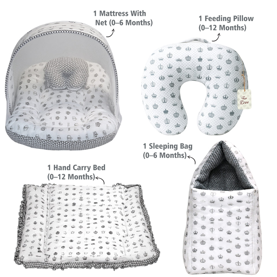 Fareto Baby Bedding Essentials Combo Set – Sleeping Bag, Mattress with  Net, Feeding Pillow & Hand Carry Bed | Soft Cotton | Taj | 0–6 Months(F697)