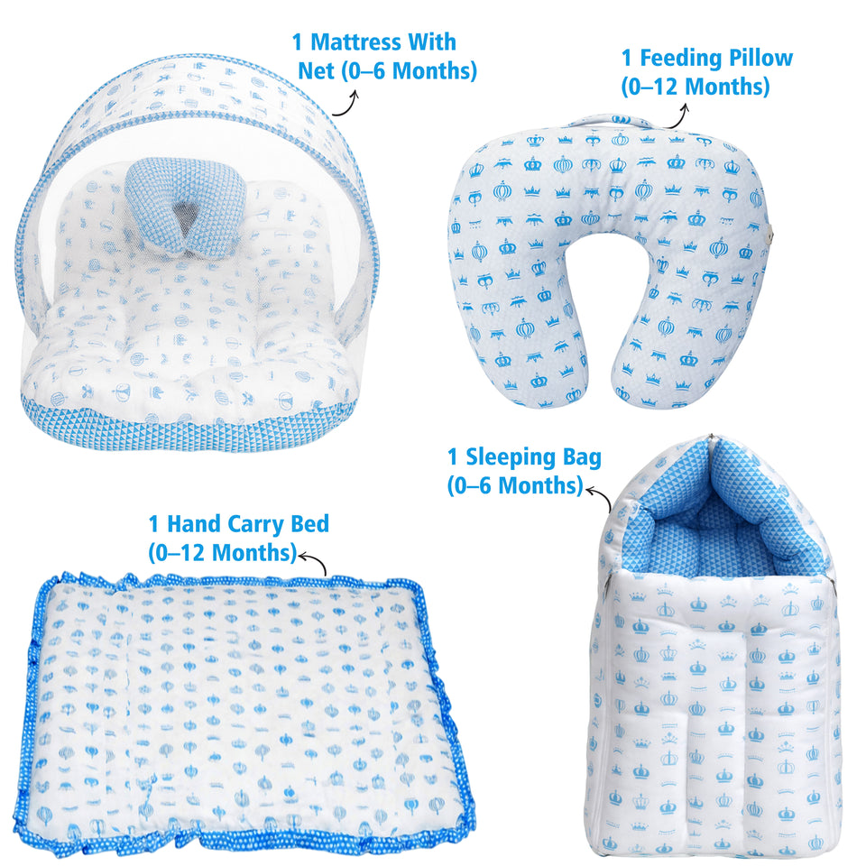 Fareto Baby Bedding Essentials Combo Set – Sleeping Bag, Mattress with  Net, Feeding Pillow & Hand Carry Bed | Soft Cotton | Taj | 0–6 Months(F697)