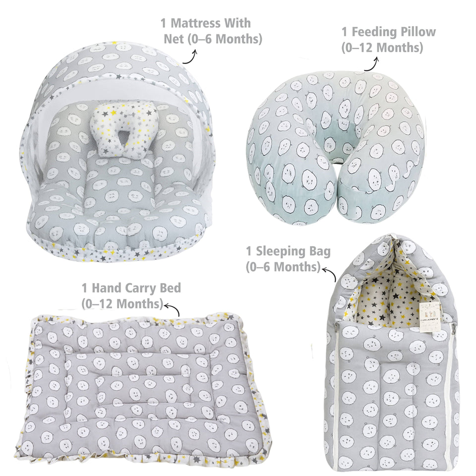 Fareto Baby Bedding Essentials Combo Set – Sleeping Bag, Mattress with  Net, Feeding Pillow & Hand Carry Bed | Soft Cotton | Grey Ship | 0–6 Months(F699)