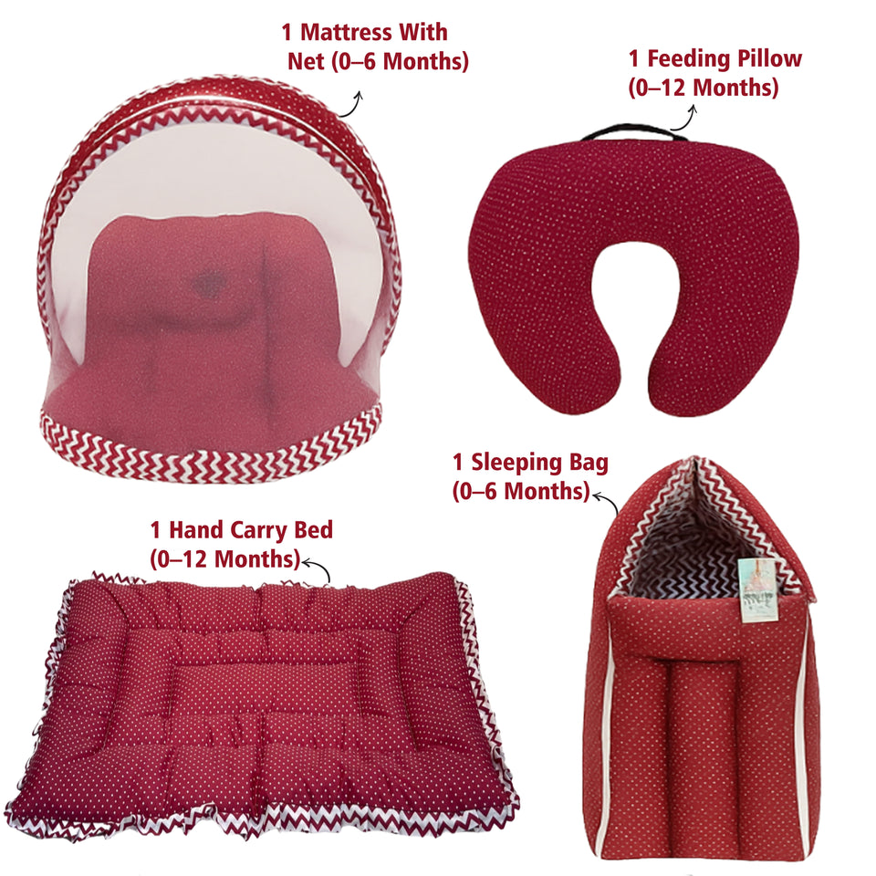 Fareto Baby Bedding Essentials Combo Set – Sleeping Bag, Mattress with  Net, Feeding Pillow & Hand Carry Bed | Soft Cotton | Red Polka | 0–6 Months(F698)