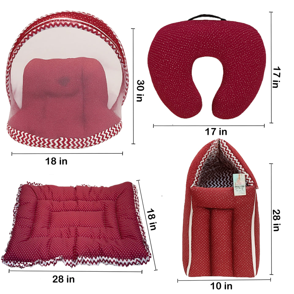 Fareto Baby Bedding Essentials Combo Set – Sleeping Bag, Mattress with  Net, Feeding Pillow & Hand Carry Bed | Soft Cotton | Red Polka | 0–6 Months(F698)