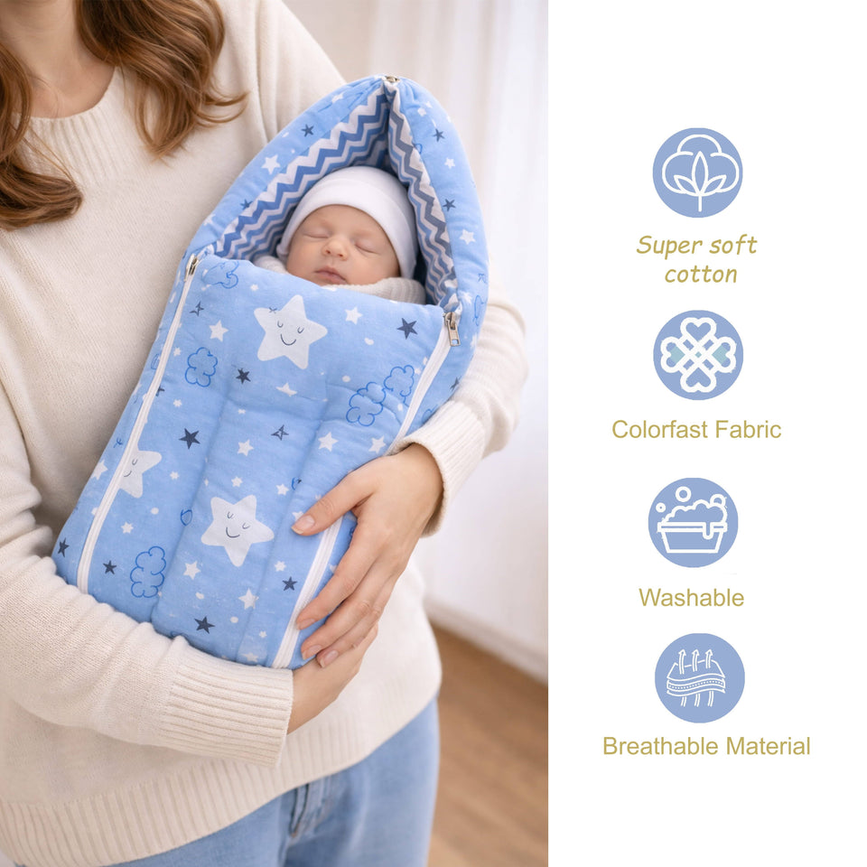 Fareto Baby Bedding Essentials Combo Set – Sleeping Bag, Mattress with  Net, Feeding Pillow & Hand Carry Bed | Soft Cotton | Cloud Blue  | 0–6 Months(F700)