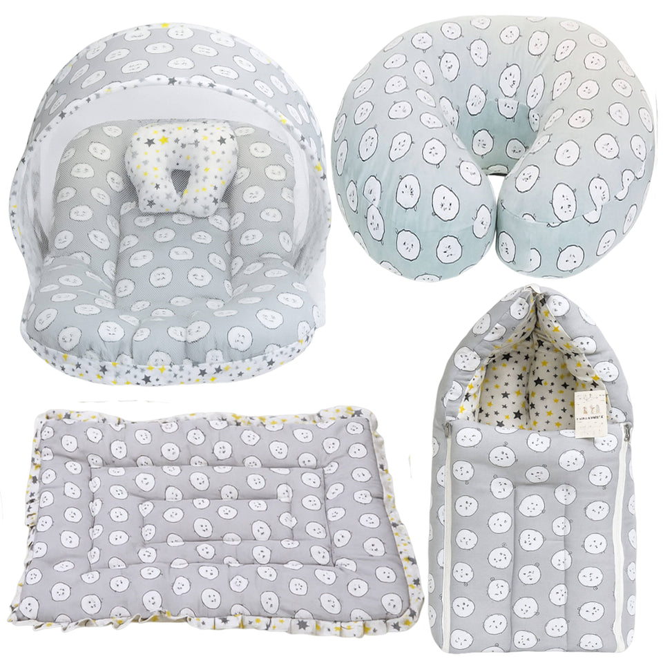 Fareto Baby Bedding Essentials Combo Set – Sleeping Bag, Mattress with  Net, Feeding Pillow & Hand Carry Bed | Soft Cotton | Grey Ship | 0–6 Months(F699)