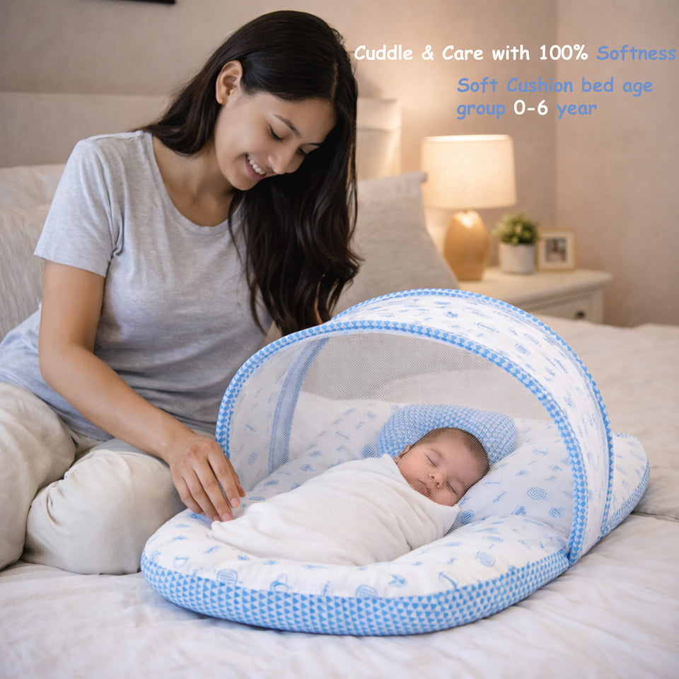 Fareto Baby Bedding Essentials Combo Set – Sleeping Bag, Mattress with  Net, Feeding Pillow & Hand Carry Bed | Soft Cotton | Taj | 0–6 Months(F697)