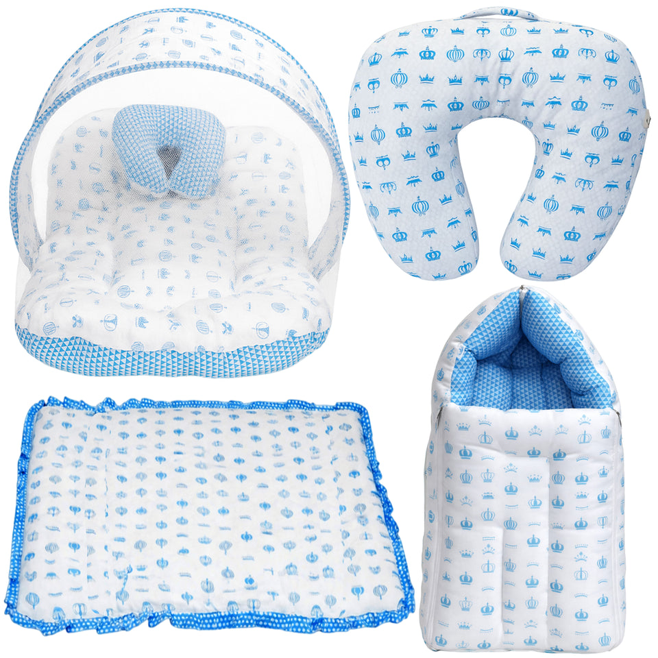 Fareto Baby Bedding Essentials Combo Set – Sleeping Bag, Mattress with  Net, Feeding Pillow & Hand Carry Bed | Soft Cotton | Taj | 0–6 Months(F697)