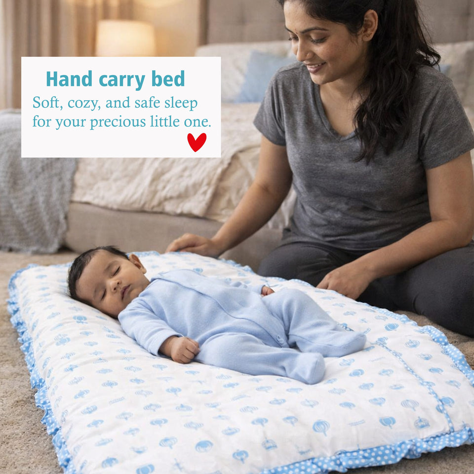 Fareto Baby Bedding Essentials Combo Set – Sleeping Bag, Mattress with  Net, Feeding Pillow & Hand Carry Bed | Soft Cotton | Taj | 0–6 Months(F697)