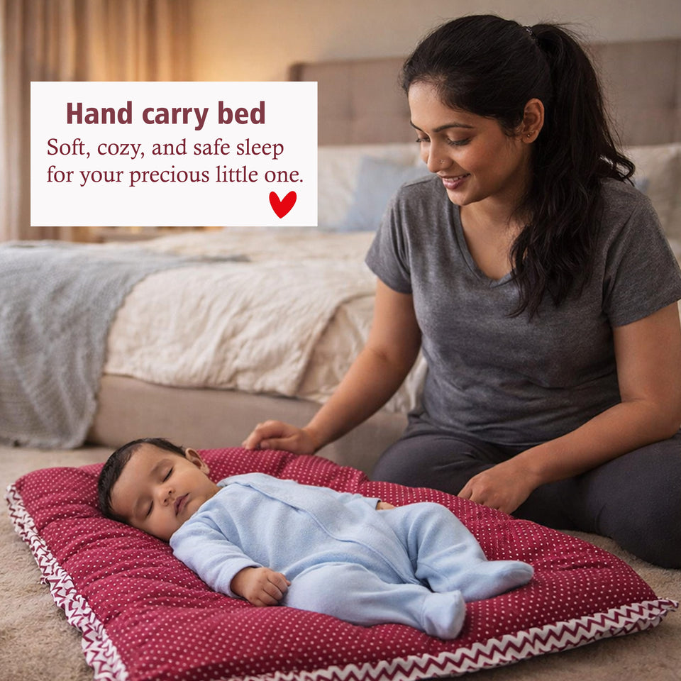 Fareto Baby Bedding Essentials Combo Set – Sleeping Bag, Mattress with  Net, Feeding Pillow & Hand Carry Bed | Soft Cotton | Red Polka | 0–6 Months(F698)