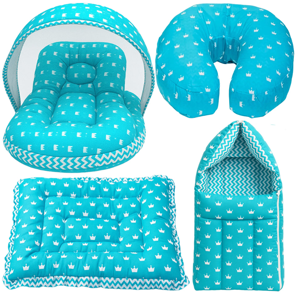 Fareto Baby Bedding Essentials Combo Set – Sleeping Bag, Mattress with  Net, Feeding Pillow & Hand Carry Bed | Soft Cotton |Crown | 0–6 Months(F697)