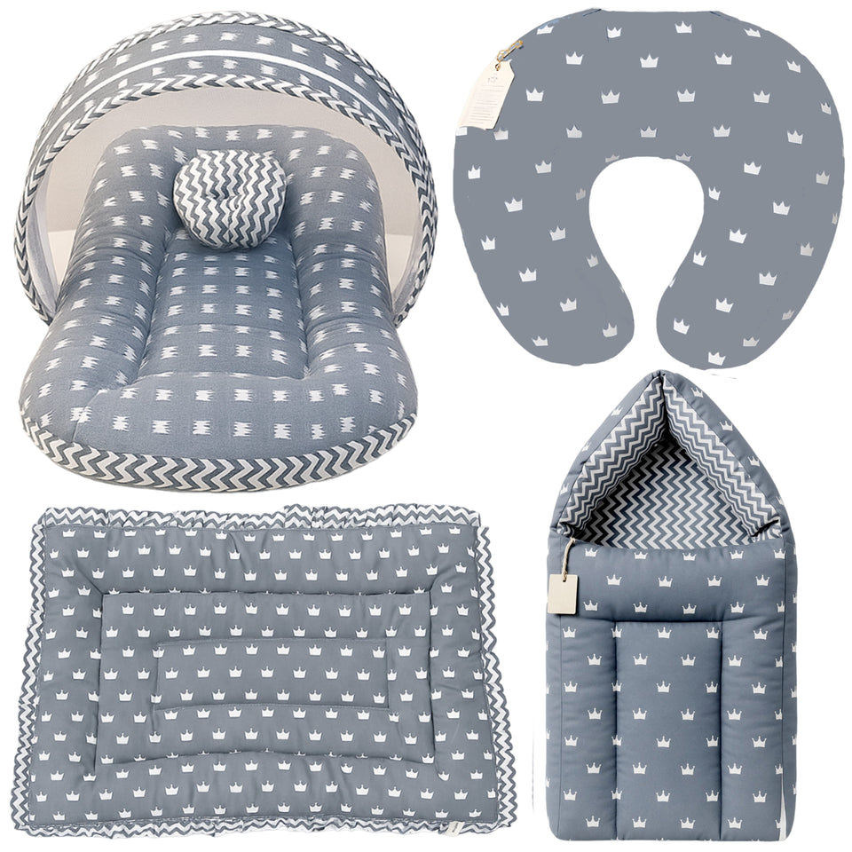 Fareto Baby Bedding Essentials Combo Set – Sleeping Bag, Mattress with  Net, Feeding Pillow & Hand Carry Bed | Soft Cotton |Crown | 0–6 Months(F697)