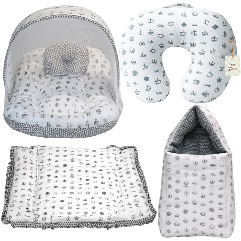 Fareto Baby Bedding Essentials Combo Set – Sleeping Bag, Mattress with  Net, Feeding Pillow & Hand Carry Bed | Soft Cotton | Taj | 0–6 Months(F697)
