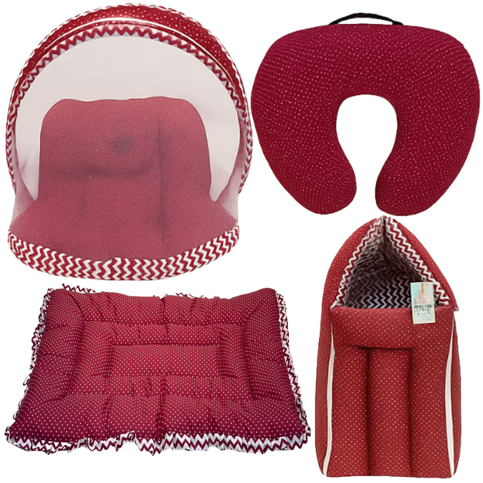 Fareto Baby Bedding Essentials Combo Set – Sleeping Bag, Mattress with  Net, Feeding Pillow & Hand Carry Bed | Soft Cotton | Red Polka | 0–6 Months(F698)
