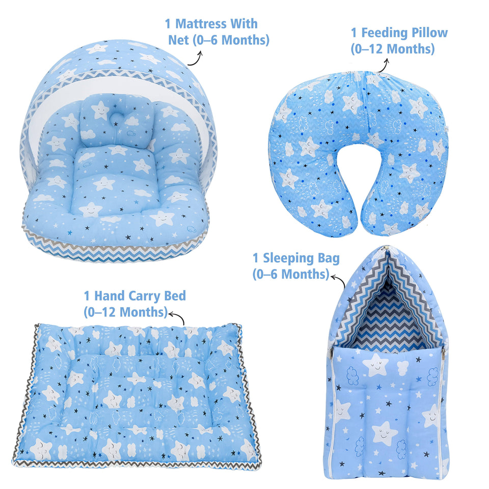Fareto Baby Bedding Essentials Combo Set – Sleeping Bag, Mattress with  Net, Feeding Pillow & Hand Carry Bed | Soft Cotton | Cloud Blue  | 0–6 Months(F700)