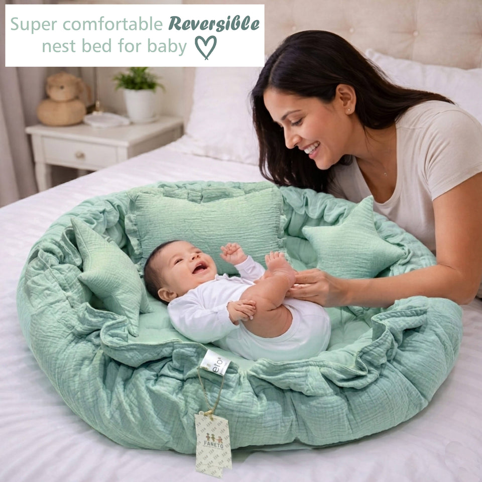 Fareto Newborn Baby 100% Muslin Cotton Bedding Set Combo | Sleeping Bag | Mattress with Net | Nest  | Blanket | Hand Carry Bed & Bolster Set |  (0-6 Months)(F735)
