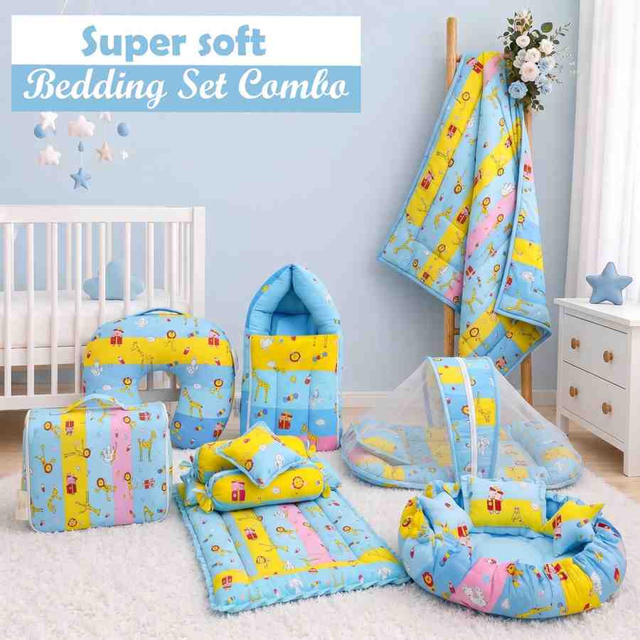 Fareto Baby bedding Essentials 1 Nest | 1 Mattress with net | 1 Carry bed | 1 Bolster set | 1 Carry bag | 1 Portable bed | 1 Feeding pillow | 1 Blanket (0-6M)(F498)