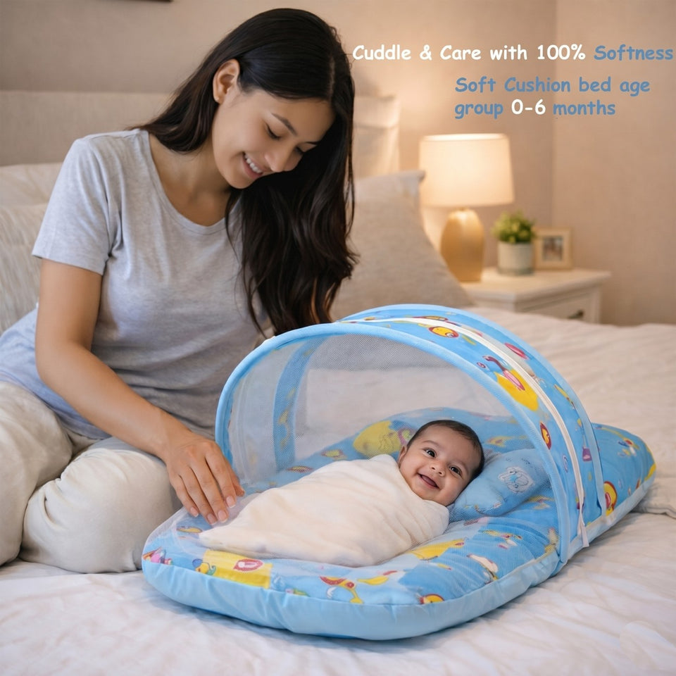 Fareto New Born Baby Premium Quality Mattress with Net | Sleeping Bag | Carry Bed (0-4 Months)(Blue Ziraf)(F296)