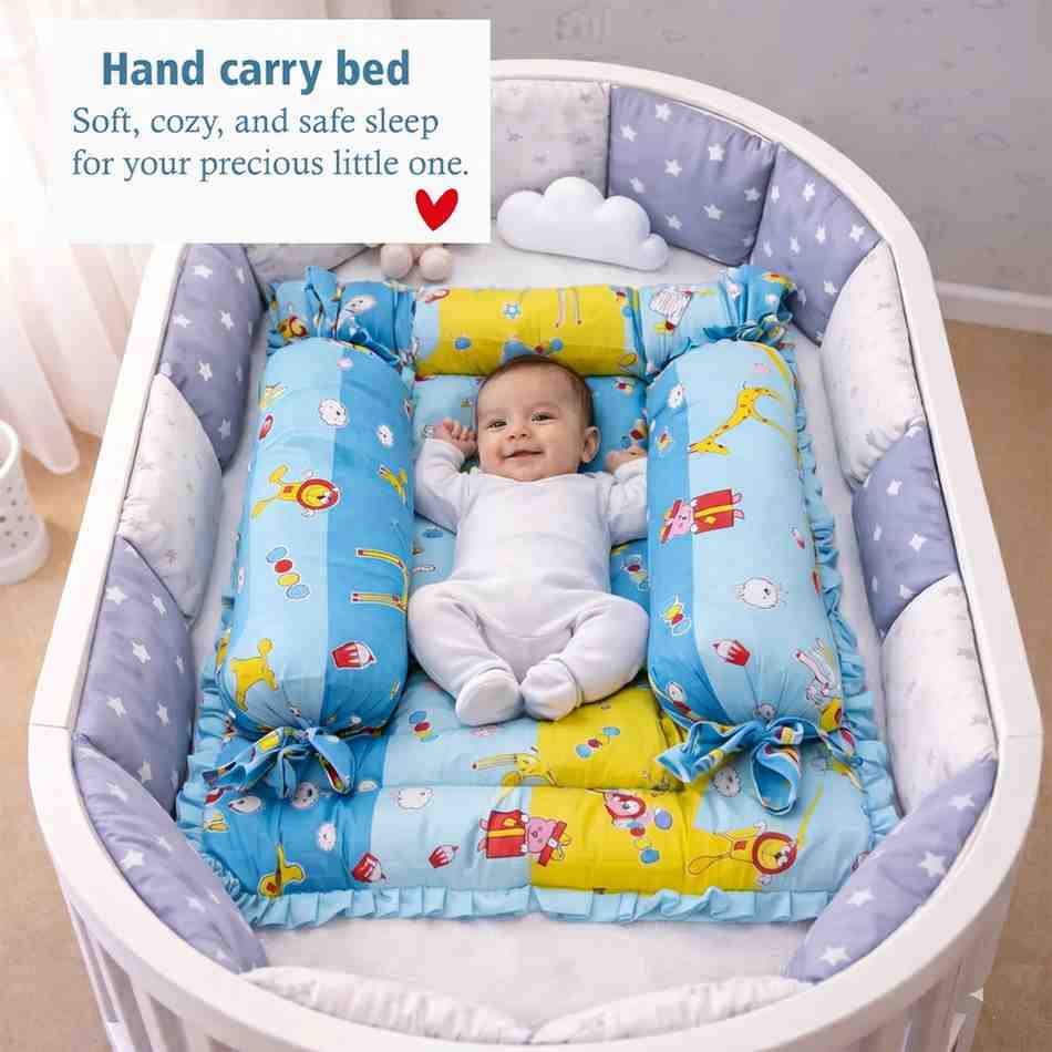 Fareto Baby bedding Essentials 1 Nest | 1 Mattress with net | 1 Carry bed | 1 Bolster set | 1 Carry bag | 1 Portable bed | 1 Feeding pillow | 1 Blanket (0-6M)(F498)