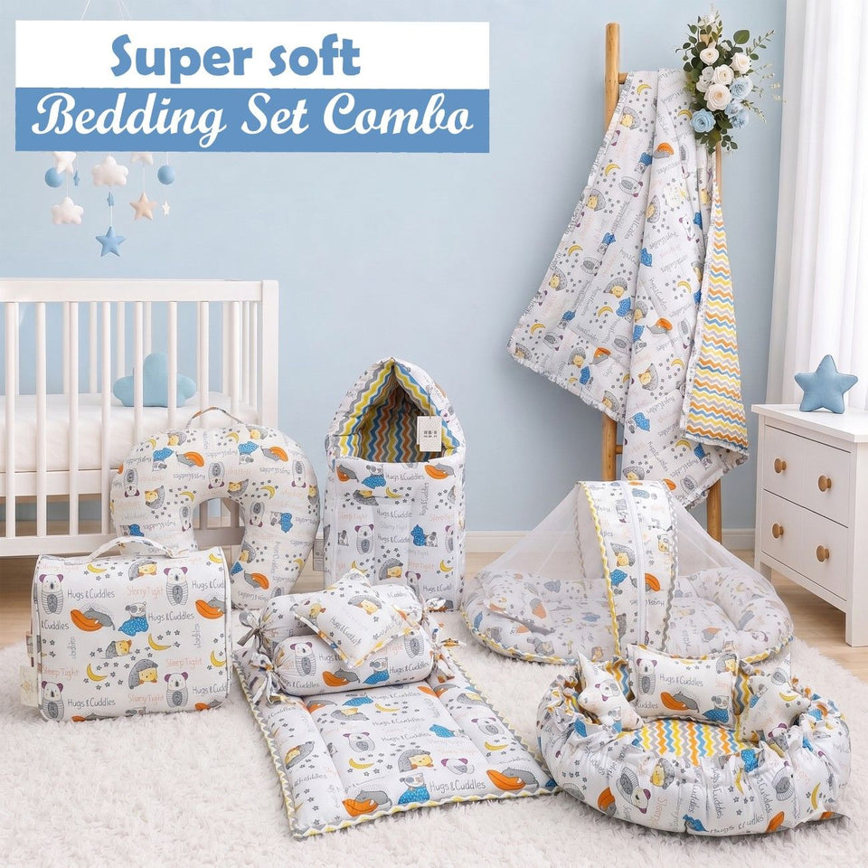 FARETO BABY BEDDING ESSENTIALS 1 NEST | 1 MATTRESS WITH NET | 1 CARRY BED | 1 BOLSTER SET | 1 CARRY BAG | 1 PORTABLE BED | 1 FEEDING PILLOW | 1 BLANKET (0-6M)(GOOD NIGHT BLUE)(F385)