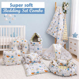 FARETO BABY BEDDING ESSENTIALS 1 NEST | 1 MATTRESS WITH NET | 1 CARRY BED | 1 BOLSTER SET | 1 CARRY BAG | 1 PORTABLE BED | 1 FEEDING PILLOW | 1 BLANKET (0-6M)(GOOD NIGHT BLUE)(F385)