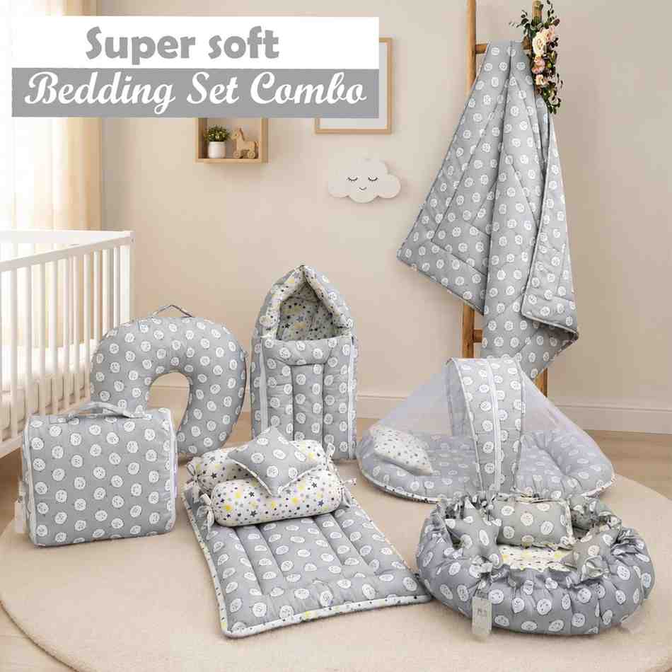 Fareto Baby bedding Essentials 1 Nest | 1 Mattress with net | 1 Carry bed | 1 Bolster set | 1 Carry bag | 1 Portable bed | 1 Feeding pillow | 1 Blanket (0-6M)(F514)