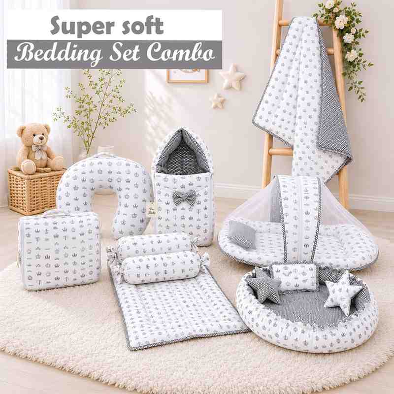 Fareto Baby bedding Essentials 1 Nest | 1 Mattress with net | 1 Carry bed | 1 Bolster set | 1 Carry bag | 1 Portable bed | 1 Feeding pillow | 1 Blanket (0-6M)(F583)