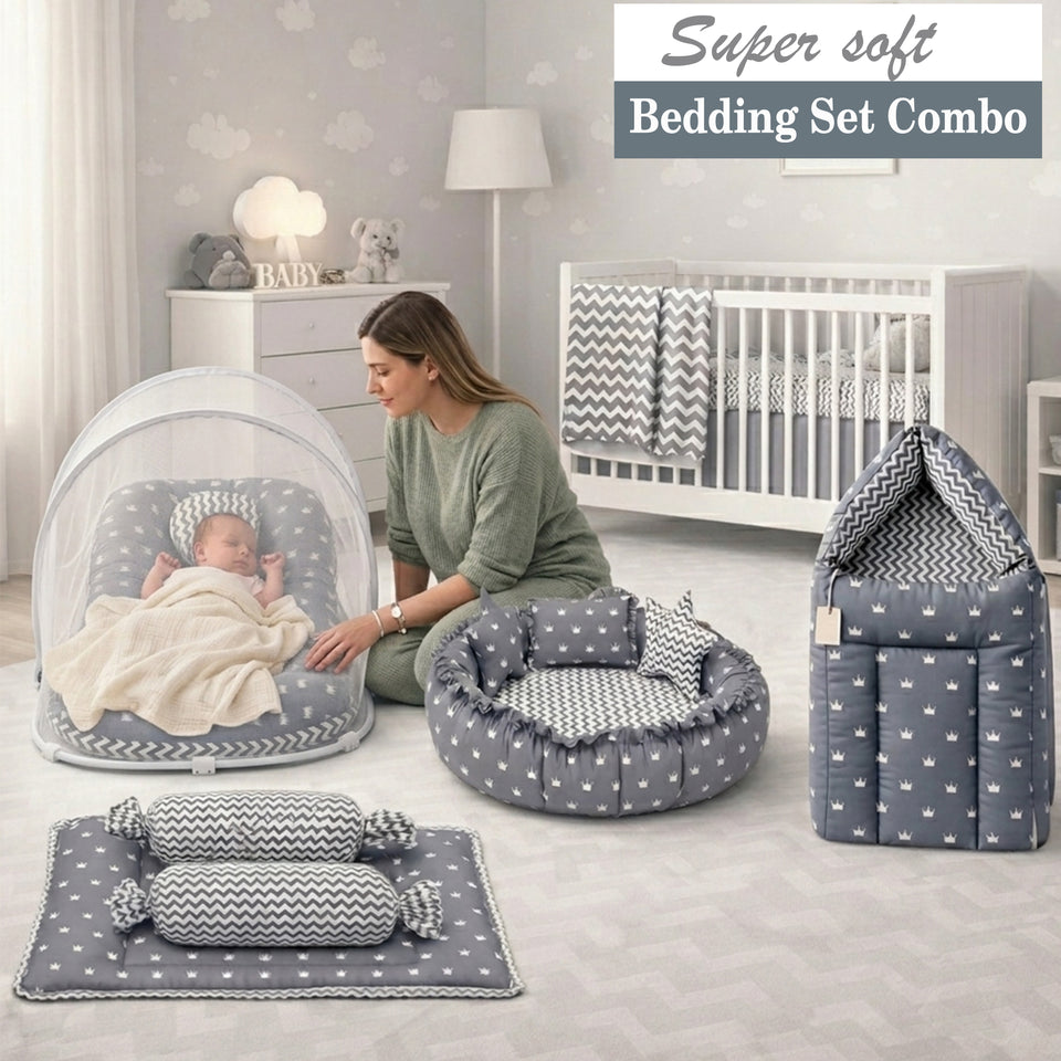 Fareto New Born Baby Full Bedding Set Combo (Crown Grey) (0-6 Months)(F98)