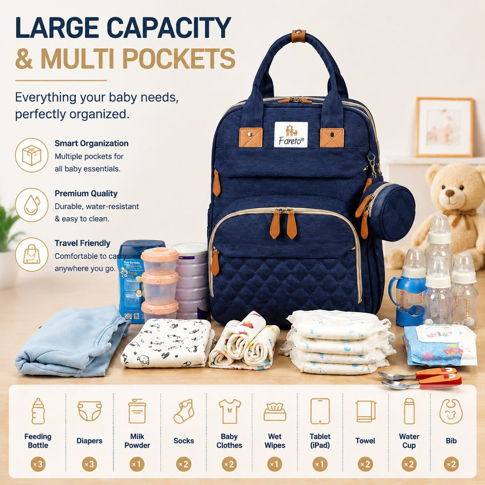 Fareto Premium Baby Diaper Backpack with Foldable Bassinet, Mesh Net  & Changing Station – Waterproof Travel Bag for Moms & Dads  (Pack Of 1)(F533)