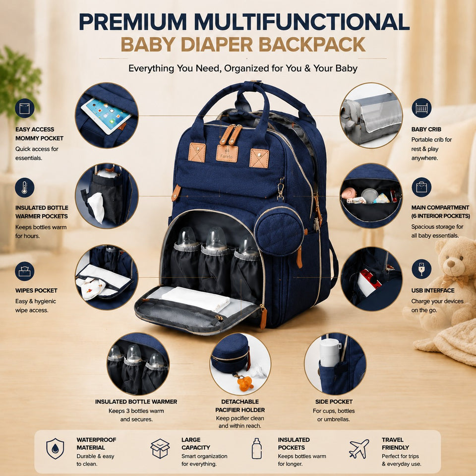Fareto Premium Baby Diaper Backpack with Foldable Bassinet, Mesh Net  & Changing Station – Waterproof Travel Bag for Moms & Dads  (Pack Of 1)(F533)