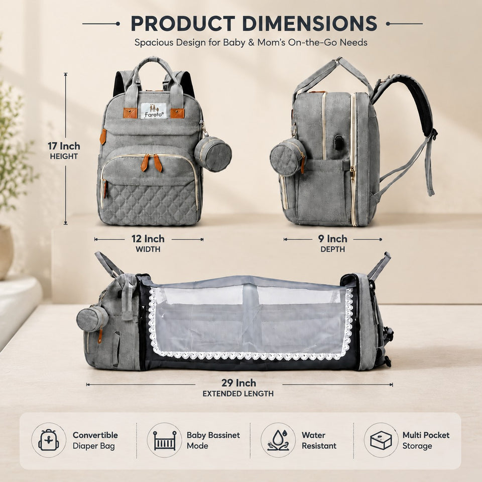 Fareto Premium Baby Diaper Backpack with Foldable Bassinet, Mesh Net  & Changing Station – Waterproof Travel Bag for Moms & Dads  ( Pack of 1)(F635)