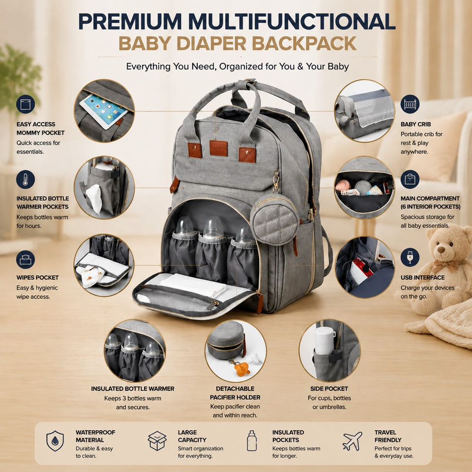 Fareto Premium Baby Diaper Backpack with Foldable Bassinet, Mesh Net  & Changing Station – Waterproof Travel Bag for Moms & Dads  ( Pack of 1)(F635)