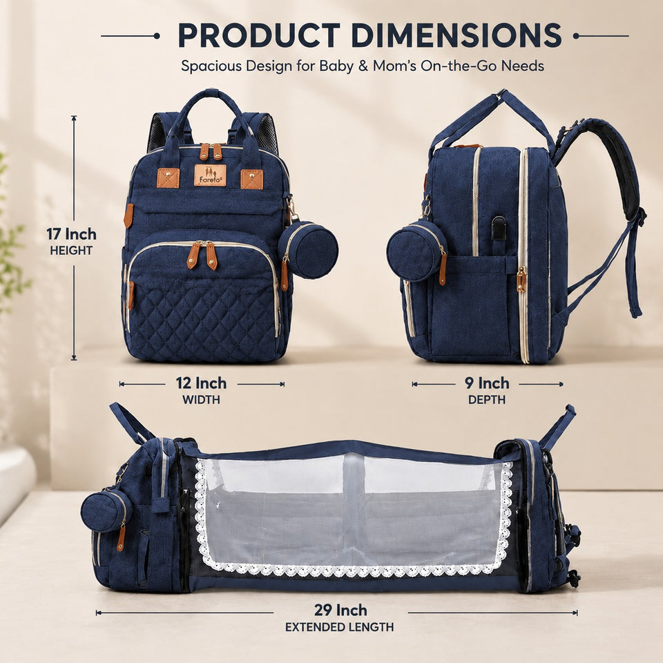 Fareto Premium Baby Diaper Backpack with Foldable Bassinet, Mesh Net  & Changing Station – Waterproof Travel Bag for Moms & Dads  (Pack Of 1)(F533)