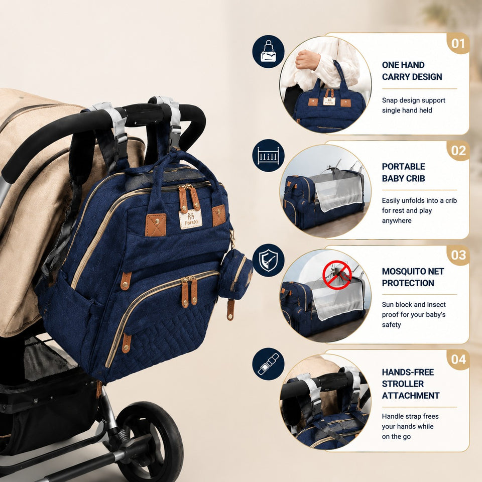 Fareto Premium Baby Diaper Backpack with Foldable Bassinet, Mesh Net  & Changing Station – Waterproof Travel Bag for Moms & Dads  (Pack Of 1)(F533)