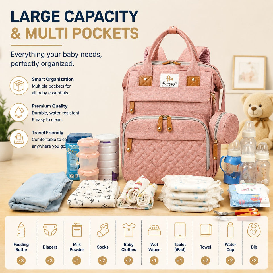 Fareto Premium Baby Diaper Backpack with Foldable Bassinet, Mesh Net  & Changing Station – Waterproof Travel Bag for Moms & Dads  (Pack Of 1)(F654)