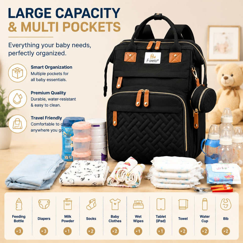 Fareto Premium Baby Diaper Backpack with Foldable Bassinet, Mesh Net  & Changing Station – Waterproof Travel Bag for Moms & Dads   (PACK OF 1)(F521)