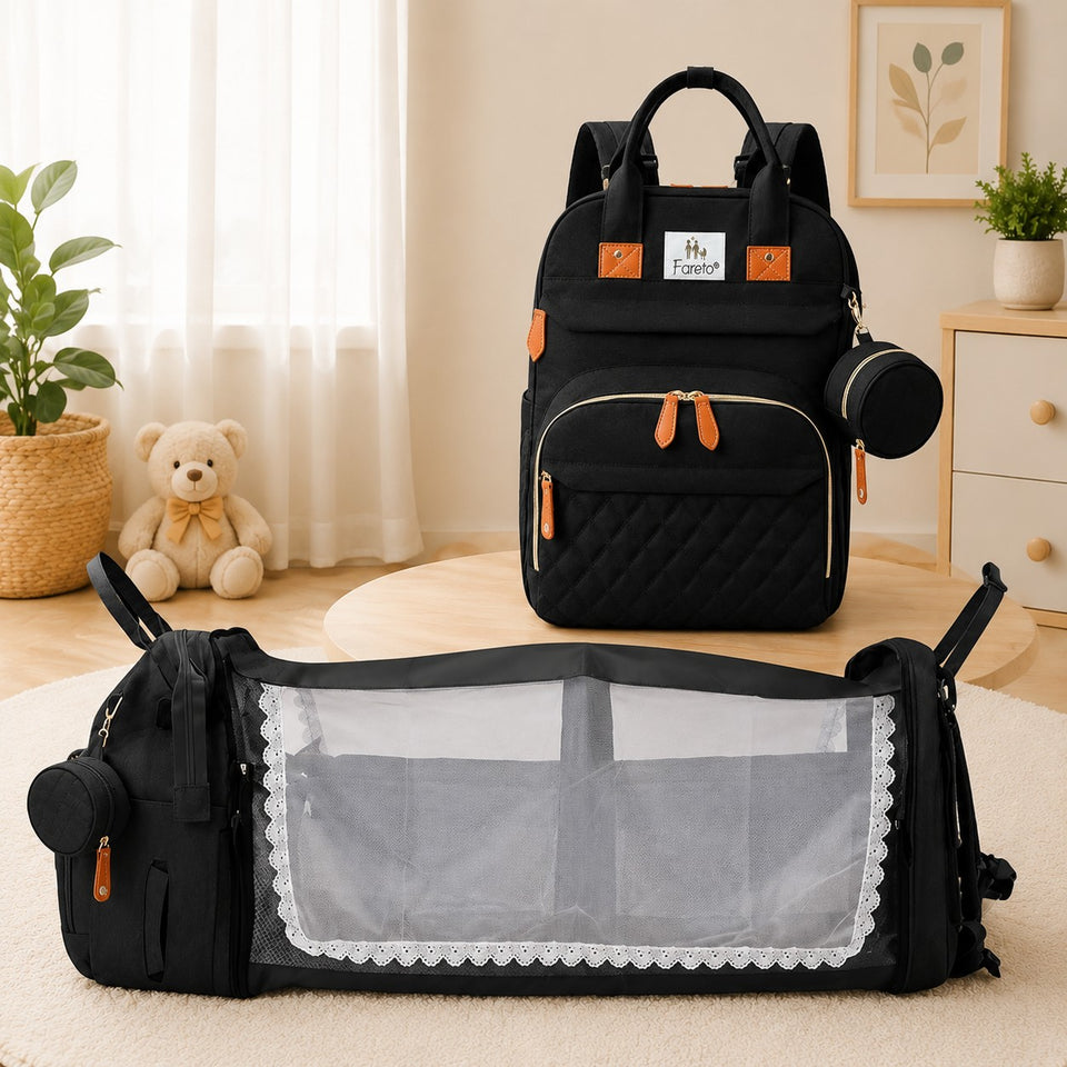 Fareto Premium Baby Diaper Backpack with Foldable Bassinet, Mesh Net  & Changing Station – Waterproof Travel Bag for Moms & Dads   (PACK OF 1)(F521)