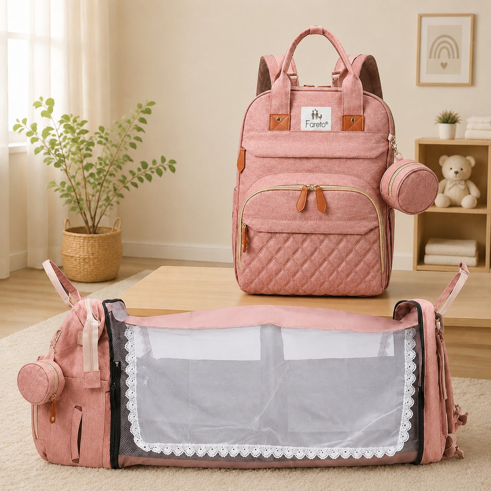 Fareto Premium Baby Diaper Backpack with Foldable Bassinet, Mesh Net  & Changing Station – Waterproof Travel Bag for Moms & Dads  (Pack Of 1)(F654)