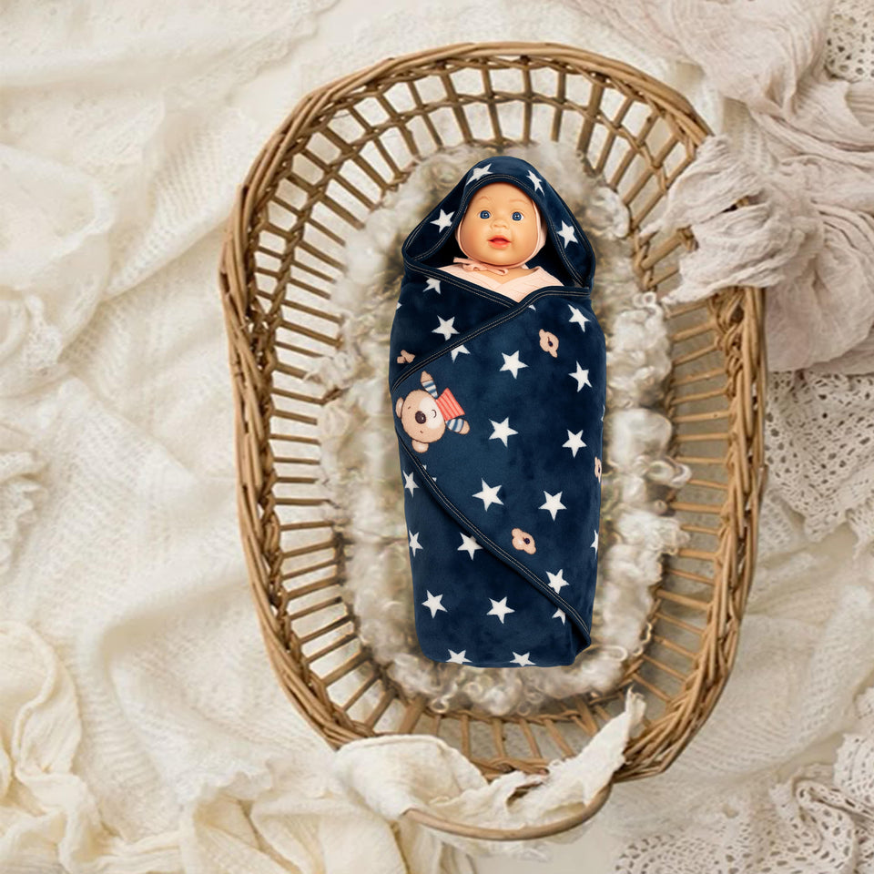 Fareto  Newborn Baby Super Soft Big Size Blanket for Boys & Girls | Hooded Flannel Wrapper for( 0-12 Months)  (92x85 CM) ( Pack of 1)(F599)