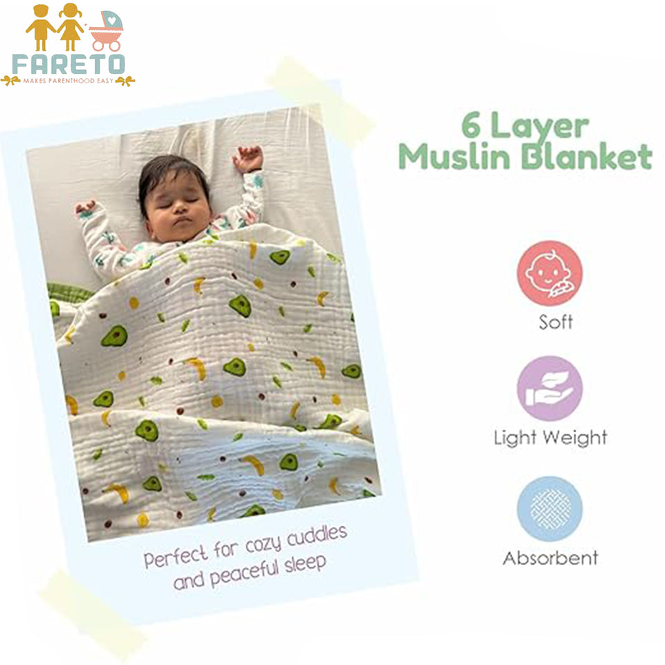 FARETO BABY SUPER SOFT 100% COTTON MUSLIN 6 LAYER BLANKET FOR (0-3 YEAR)(PACK OF 1)(SIZE.110* 104CM)