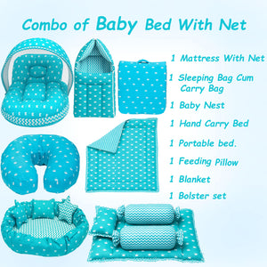 Fareto Baby bedding Essentials 1 Nest | 1 Mattress with net | 1 Carry bed | 1 Bolster set | 1 Carry bag | 1 Portable bed | 1 Feeding pillow | 1 Blanket (0-6M)