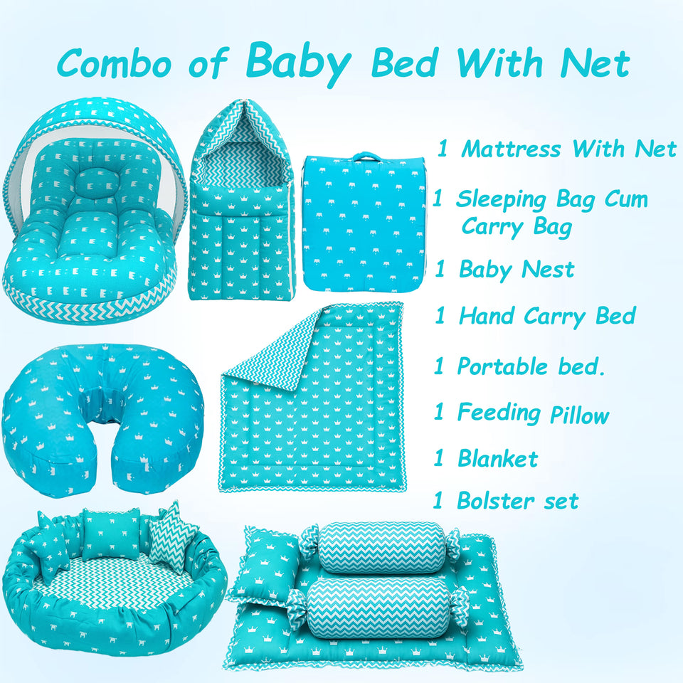 Fareto Baby bedding Essentials 1 Nest | 1 Mattress with net | 1 Carry bed | 1 Bolster set | 1 Carry bag | 1 Portable bed | 1 Feeding pillow | 1 Blanket (0-6M)